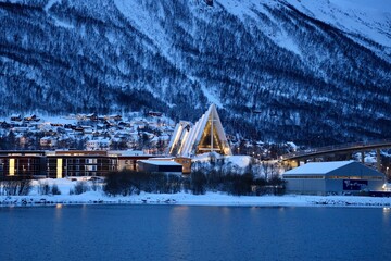 Tromso view from the sea in blue light in the winter