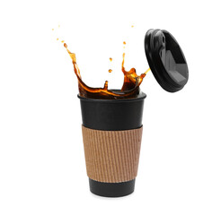 Takeaway paper cup with splashing coffee and plastic lid on white background