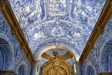 blue azulejos on wall and on the ceiling inside the Church of Sao Lourenço in Almancil, Algarve, Portugal