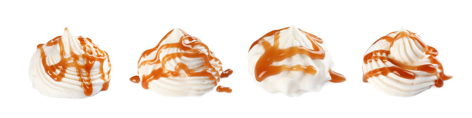 Set of delicious fresh whipped cream with caramel syrup on white background. Banner design - obrazy, fototapety, plakaty