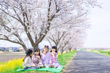 桜の木の下でピクニックをする小さな女の子たち