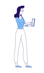Woman holding tablet semi flat color vector character. Standing figure. Full body person on white. Lady with glasses simple cartoon style illustration for web graphic design and animation