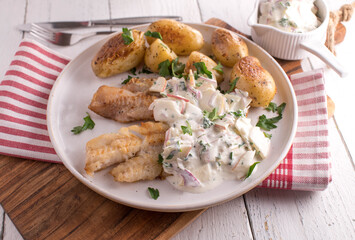 Pan fried fish with sour cream apple, onion, herb sauce and roasted potatoes on a plate