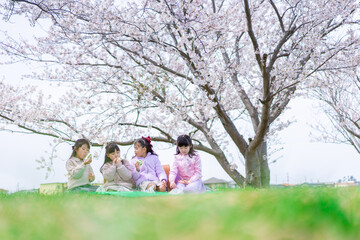桜の木の下でピクニックをする小さな女の子たち