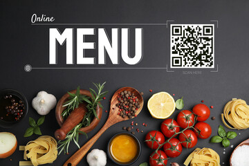 Scan QR code for contactless menu. Flat lay composition with cooking utensils and fresh ingredients on black background