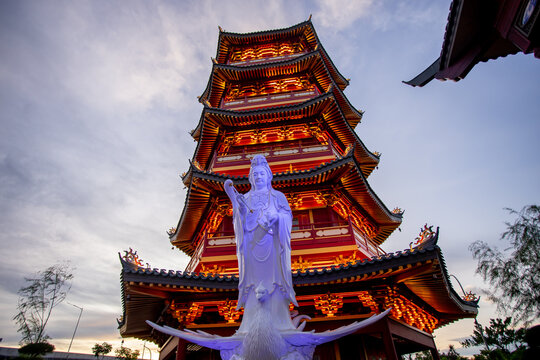 Newly Build Pagoda in the center of a Chinatown restaurant complex in Jakarta, Indonesia with the statue of Guan Yin