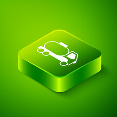 Isometric Tanker truck icon isolated on green background. Petroleum tanker, petrol truck, cistern, oil trailer. Green square button. Vector