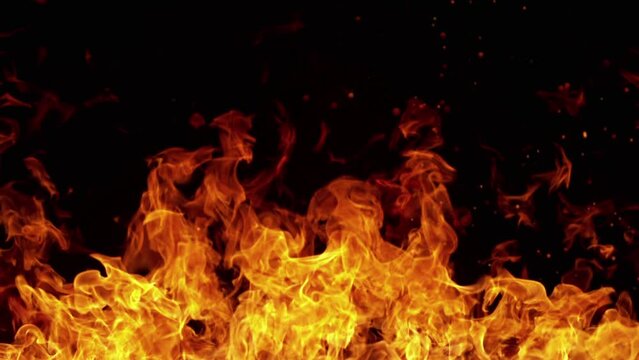 Super slow motion of fire line isolated on black background. Filmed on high-speed cinema camera,  1000fps.