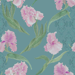 Iris flowers seamless pattern on tile background. Watercolor painting - 505843951