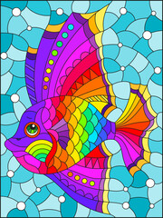 Illustration in the style of a stained glass window with a bright rainbow fish scalar on a background of blue water, rectangular image