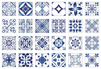 Gordijnen Blue and white tile. Seamless patterns set. Vector illustation Eps10 © Chayapol
