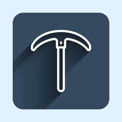 White line Pickaxe icon isolated with long shadow background. Blue square button. Vector