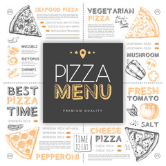 Pizza restaurant menu design with hand drawing elements. Vector illustration