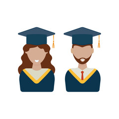 Students smiling on graduation day avatar, icon. Vector illustration. Flat style male and female, light brown hair and a beard. 