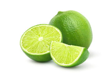 Fresh lime with  cut in half and sliced isolated on white background. - obrazy, fototapety, plakaty