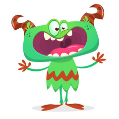 Funny cartoon smiling monster creature. Halloween Illustration of happy alien character. Vector isolated