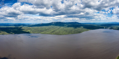 Southern Urals, Ural Mountains. Zyuratkul National Park, panorama of the Zyuratkul Lake. Aerial...