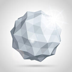 Gray gradient monochrome polygonal sphere geometric angled triangle abstract figure flare explosion realistic background template vector illustration. Round crystal refraction pyramid futuristic form