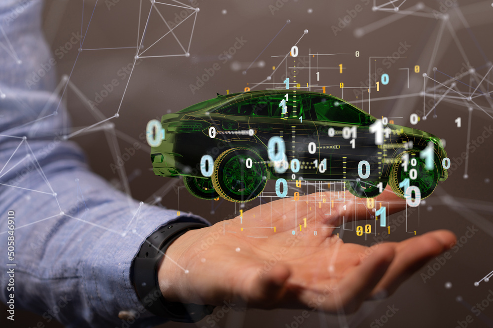 Poster Autonomous car with HUD graphic of Navigation system driving