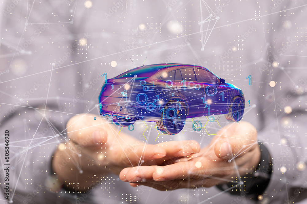 Poster Autonomous car with HUD graphic of Navigation system driving