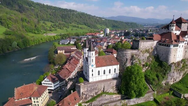 Switzerland travel and landmarks. Aarburg  aerial view.  old medieval town with impressive castle and cathedral over rock. Canton Aargau, Bern province