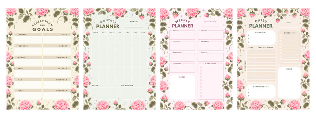 Set of feminine aesthetic printable vector monthly planner, weekly planner, daily planner, and yearly planner template design decorated with spring pink rose floral elements