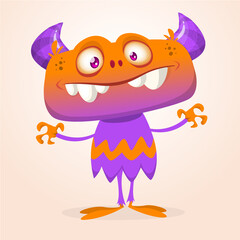 Funny cartoon smiling monster creature. Halloween Illustration of happy alien character. Vector isolated