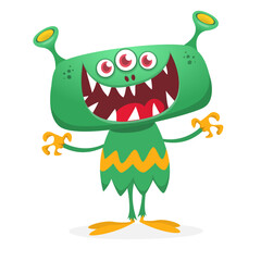 Funny cartoon smiling monster creature. Halloween Illustration of happy alien character. Vector isolated