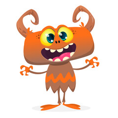 Funny cartoon smiling monster creature. Halloween Illustration of happy alien character. Vector isolated