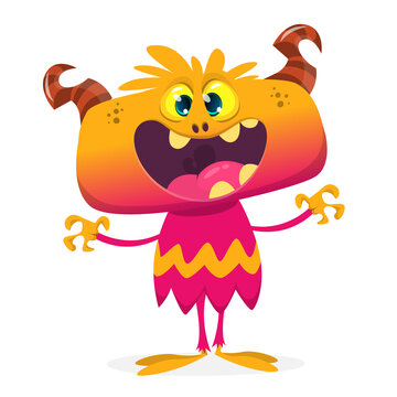 Funny cartoon smiling monster creature. Halloween Illustration of happy alien character. Vector isolated