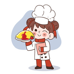 Cute young chef girl smiling and holding an omelette with rice.cartoon vector art illustration