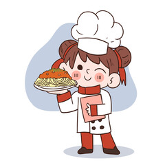 Cute young chef girl smiling and holding a spaghetti.cartoon vector art illustration