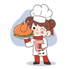 Cute young chef girl smiling and holding a roast chicken.cartoon vector art illustration
