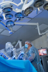 Robotic surgery technology in hospital room. Surgical modern healthcare.