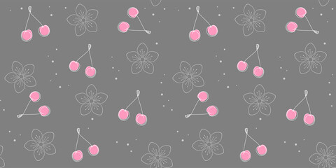 Outline pink cherry on a gray background with flowers. Endless texture with abstract berry. Vector seamless pattern for cover, wrapping paper, packaging, wrapper, surface texture, bed linen and print
