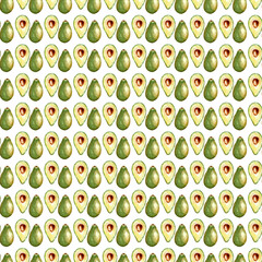 Seamless pattern of avocado isolated on the white background. Watercolor drawing of fruit. Hand painted illustration of food