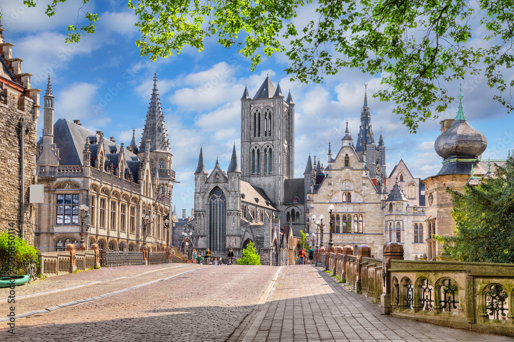 Wall mural ghent, belgium. view of historic city center skyline in the morning