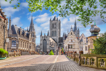 Ghent, Belgium. View of historic city center skyline in the morning - obrazy, fototapety, plakaty