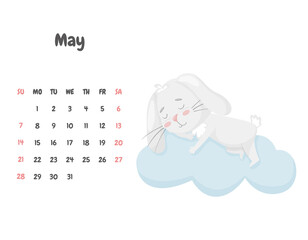 Calendar page for the month of May 2023 with a cute smiling rabbit sleeping on a cloud. Adorable animal, a character in pastel colors. Children's calendar. Vector illustration on a white background.