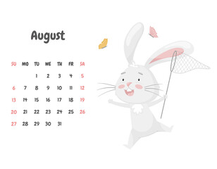 Calendar page for the month of August 2023 with a cute funny rabbit catching butterflies with a net. Adorable animal, a character in pastel colors. Children's calendar. Vector illustration on white.