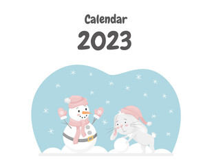 The cover of the calendar for 2023 with a cute rabbit, the Chinese symbol of the year. Rabbit rolls a snowball,makes a snowman. Winter fun activity. Childrens vector illustration on a white background