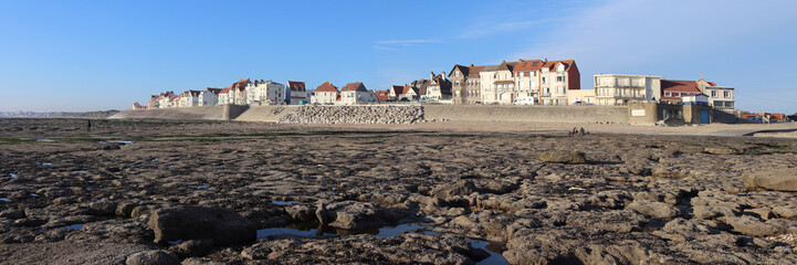 Panoramic view of the resort town of Ambleteuse, from the beach on the beautiful Opal Coast of...