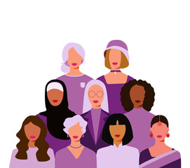 Happy women's day card with Five women of different ethnicities and cultures stand side by side together. Strong and brave girls support each other. Sisterhood and females friendship.Multi-ethnic 