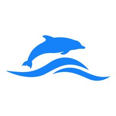 Logo oceáno con olas y silueta de delfin en color azul