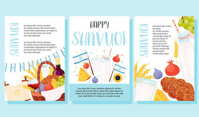 Happy Shavuot day greeting cards set. Translation from Hebrew text - Happy Shavuot. Vector illustration