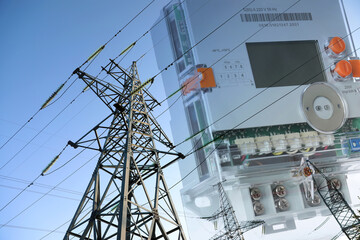 Double exposure of electricity meter and high voltage tower with transmission power lines