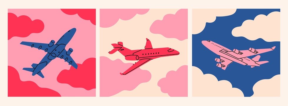 Airplane flying in the cloudy sky. Pink, blue colors. Passenger plane. Vacation, fast travel, transportation concept. Hand drawn Vector illustrations. Set of three cards. Icon, logo, poster templates