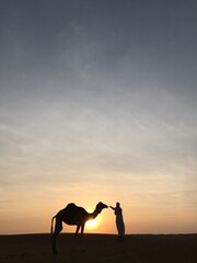 Beduin z wielbłądem na pustyni w trakcie zachodu słońca 