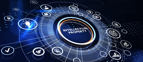 The concept of business, technology, the Internet and the network.  virtual screen of the future and sees the inscription: Intellectual property  3d illustration