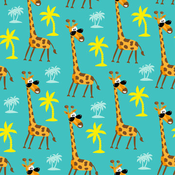 Cartoon giraffe seamless pattern on turquoise color background. Good for textile print, cover, wall apper and wrapping paper.